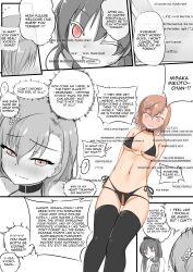 a_certain_magical_index a_certain_scientific_railgun absurdres blush bra breasts collar comic covering embarrassed female_only femsub glowing glowing_eyes greyscale kyouko_sakura lingerie long_hair mikoto_misaka open_mouth panties ponytail puella_magi_madoka_magica right_to_left short_hair text thighhighs underwear vahn_yourdoom rating:Explicit score:147 user:vahn_yourdoom