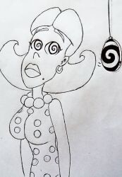 breasts female_only femsub greyscale itemshoplifter jimmy_neutron_(series) judy_neutron large_breasts nickelodeon solo spiral_eyes symbol_in_eyes traditional white_background rating:questionable score: user:damonalove