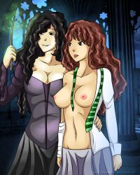 bellatrix_lestrange black_hair breasts brown_eyes brown_hair cleavage erect_nipples female_only femdom femsub glowing harry_potter_(series) magic magic_wand open_mouth shadako26 skirt topless undressing western witch yuri rating:explicit score: user:grim