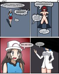 bottomless breasts comic dialogue hat idpet leaf_(pokemon) long_hair nintendo nude pokemon pokemon_firered_and_leafgreen pokemon_trainer team_rocket text tickling topless rating:Questionable score:11 user:IDPet