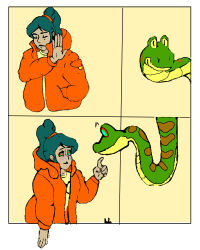 absurdres before_and_after blue_hair buggybot comic femsub happy_trance humor hypnotic_eyes kaa_eyes long_hair meme ponytail resisting smile snake tagme rating:safe score: user:buggybot