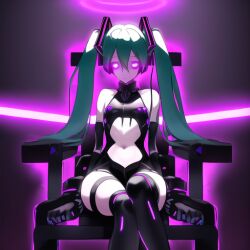 ai_art alternate_costume aura blue_hair boots chair corruption cyan_hair dead_source expressionless femsub garter gloves glowing glowing_eyes halo high_heels leotard miku_hatsune navel opera_gloves sitting small_breasts tech_control twintails very_long_hair vocaloid rating:Safe score:14 user:VortexMaster