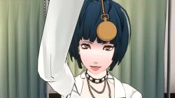  animated blue_hair brown_eyes eye_roll femsub necklace pendulum persona_(series) persona_5 pocket_watch self_hypnosis tae_takemi video vynil  rating:questionable score: user:itswingsbothways