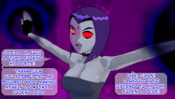 choker clothed dc_comics dialogue dogdog english_text female_only femsub grey_skin instant_loss magic purple_hair raven red_eyes solo text rating:Explicit score:7 user:Bootyhunter69