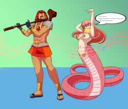absurdres breasts dancing egyptian femsub flute gold harem_outfit hypnotic_audio hypnotic_music instrument isaad_(acc) katsiika maledom miia_(monster_musume) monster_girl monster_musume naga_girl original pink_hair red_eyes snake_girl text rating:Questionable score:60 user:ACC