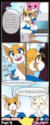 absurdres aggretsuko artifact_the_fox brown_eyes chair clothed comic corruption dialogue fennec_girl fenneko_(aggretsuko) fox_boy fox_girl furry glowhorn laptop office open_mouth original red_panda_girl retsuko_(aggretsuko) sanrio shirt simple_background sitting smile smug rating:Questionable score:18 user:ArtifactFox