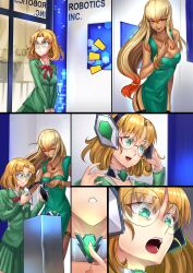 absurdres blonde_hair cleavage comic dark_skin fuu_hououji glasses green_eyes hypnotic_accessory ibenz009 long_hair magic_knight_rayearth multicolored_hair original rebecca_lys_(daveyboysmith9) red_eyes tech_control unaware rating:Questionable score:97 user:daveyboysmith9