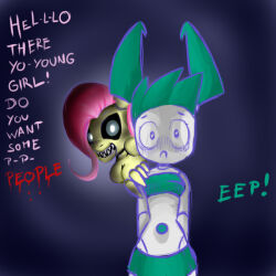 black_sclera cleavage cyan_hair evil_smile femsub five_nights_at_freddy's fluttershy freakinbambam glowing glowing_eyes jenny_wakeman my_life_as_a_teenage_robot my_little_pony nickelodeon nightmare_fuel pink_hair robot smile text twintails western rating:Questionable score:23 user:Grim