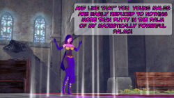 aware circe clothed dc_comics dialogue dogdog english_text female_only purple_hair solo text white_eyes whitewash_eyes rating:Safe score:0 user:Bootyhunter69