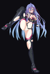 bezunamin blood blue_hair blush boots bottomless breasts corruption female_only femsub gloves high_heels hyperdimension_neptunia iris_heart long_hair opera_gloves plutia pussy standing_split tech_control thigh_boots torn_clothes wounds yoga rating:Explicit score:11 user:hypno