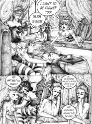 absurdres all_fours bee_girl breasts bug_girl cat_girl comic elf elf_ears femdom femsub furry honey justsketchingviolets original tabaxi text topless traditional rating:Questionable score:13 user:JustSketchingViolets