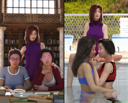 3d absurdres before_and_after black_hair brown_hair cosmogreen female_only femdom happy_trance hypnotized_hypnotist katya_(yarisas) magic multiple_girls original red_hair  sitting swimsuit water yuri rating:Questionable score:138 user:CosmoGreen