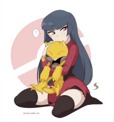 abra blue_hair confused diaper kneeling long_hair merunyaa nintendo pokemon pokemon_firered_and_leafgreen sabrina scat simple_background thighhighs white_background rating:Explicit score:18 user:Sleepyhead97
