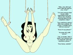 black_hair bondage bottomless breasts caption disney femsub gagala green_eyes green_skin kim_possible_(series) large_breasts nude rope shego spread_legs text topless rating:Explicit score:58 user:Grim