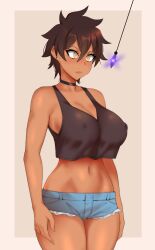  cleavage crystal dark_skin empty_eyes expressionless female_only femsub hevn large_breasts my_senpai_is_annoying natsumi_kurobe navel short_hair short_shorts solo standing standing_at_attention tank_top yellow_eyes  rating:safe score: user:icontrol