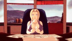 blonde_hair breasts clothed dogdog drool empty_eyes expressionless female_only femsub naruto_(series) purple_hair solo tsunade undressing rating:Explicit score:3 user:Bootyhunter69