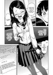 akitsuki_itsuki black_hair comic dialogue femsub glasses greyscale maledom monochrome original school_uniform skirt text rating:Questionable score:9 user:bugmenot