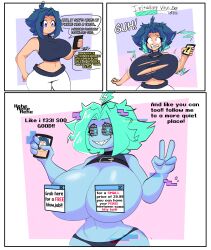 before_and_after bimbofication binary_eyes blue_hair blue_skin breast_expansion breasts cell_phone comic corruption dialogue femsub happy_trance huge_breasts kuna large_breasts lr_mano original phone prostitution simple_background smile tech_control text transformation virus rating:Explicit score:112 user:Cross