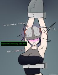 arms_above_head black_hair bondage brain_drain breasts comic dialogue electricity femsub helmet infamous lucy_kuo mind_break restrained smile tech_control text thesalazar rating:questionable score: user:jimin