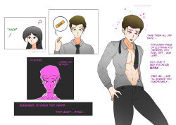 absurdres black_hair brown_hair comic consensual dialogue english_text essence_(nexus_light) femdom glowing glowing_eyes green_eyes humor magic malesub mute_(nexus_light) nexus_light open_clothes open_mouth original pink_eyes text undressing rating:Questionable score:65 user:Nexus_Light