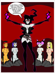 alien alien_girl black_hair blonde_hair blue_hair boots bottomless breasts cleavage comic dc_comics earrings erect_nipples evil_smile femdom femsub fishnets gloves happy_trance harem jewelry jimryu jinx kneeling large_breasts magic maid maid_headdress multicolored_hair multiple_girls multiple_subs nude open_mouth opera_gloves pale_skin pink_hair pussy raven red_eyes red_hair simple_background smile spiral spiral_eyes starfire super_hero symbol_in_eyes teen_titans terra text thigh_boots thighhighs topless twintails rating:Explicit score:120 user:AngelCam7