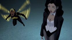 black_hair blue_eyes bow_tie cleavage dc_comics expressionless female_only femsub gloves long_hair magician screenshot standing standing_at_attention super_hero western young_justice zatanna_zatara rating:Safe score:15 user:hypno