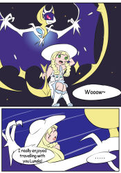  blonde_hair comic lillie_(pokemon) lunala_(pokemon) nintendo pokemon pokemon_(creature) pokemon_sun_and_moon text vel  rating:safe score: user:shadow-warrior