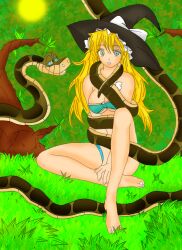 barefoot bikini blonde_hair breasts coils disney feet femsub hat hypnotic_eyes kaa kaa_eyes kanazy large_breasts lompich_(colorist) long_hair marisa_kirisame snake the_jungle_book touhou witch witch_hat rating:questionable score: user:hypno