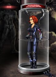 black_sclera black_widow blue_eyes bodysuit cleavage corruption femsub glowing glowing_eyes lipstick long_hair marvel_comics re-maker red_eyes red_hair robot slime stasis_tank super_hero text ultron western rating:Explicit score:60 user:Mesmer