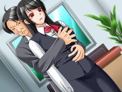 black_hair bra breasts drool empty_eyes expressionless femsub groping huge_breasts long_hair maledom office_lady red_eyes saiminjutsu_wo_te_ni_ireta standing standing_at_attention suit sweat tears topless ugly_bastard underwear rating:Questionable score:14 user:hypno
