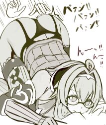 absurdres ahoge arm_warmers ass bare_shoulders blush clothed empty_eyes espkiriyama femsub garter_belt garter_straps glasses greyscale long_hair monochrome simple_background sketch spanking sweat thighhighs top-down_bottom-up white_background witchcrafter_genni yu-gi-oh! rating:Questionable score:75 user:JustChilling