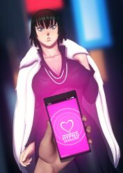 breasts cell_phone cleavage coat empty_eyes femsub fubuki_(one_punch_man) green_hair heart hypnotic_app john_doe large_breasts maledom necklace one_punch_man short_hair symbol_in_eyes tech_control text rating:Questionable score:77 user:BilboBalob23