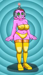 absurdres antenna breasts erect_nipples female_only fembot femsub happy_trance headphones hypnotic_accessory large_breasts latex namco pac-man_(series) pink_skin pinky robotization short_hair smile spiral_eyes supertechno324 symbol_in_eyes tech_control thighhighs rating:Questionable score:10 user:SuperTechno324