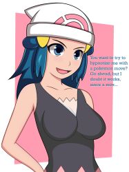  breasts dawn denial female_only femsub migirider nintendo pokemon pokemon_diamond_pearl_and_platinum smile solo text  rating:questionable score: user:desmadrex