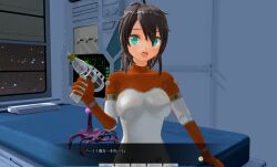 3d ahoge alien blue_eyes bodysuit breasts custom_maid_3d_2 cyan_eyes dialogue female_only gloves grey_hair gun japanese_text open_mouth parasite ponytail solo swallow774 text uniform weapon rating:Safe score:6 user:VortexMaster