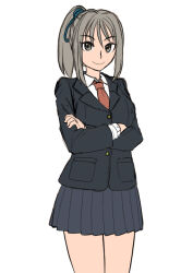  581 bangs before_and_after breasts crossed_arms female_only femsub grey_eyes grey_hair large_breasts original ponytail school_uniform short_skirt simple_background sketch skirt smile solo thighs tie white_background  rating:safe score: user:bugmenotencore