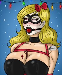 ball_gag batman_(series) black_canary black_lipstick blonde_hair blush bondage bow breasts candy_cane choker christmas cleavage collar dc_comics drool enemy_conversion face_paint female_only femsub gag gift glowing glowing_eyes harley_quinn large_breasts long_hair makeup mask polmanning rope snow spiral_eyes super_hero sweat symbol_in_eyes text western rating:Questionable score:82 user:solddate