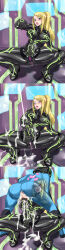  ahegao alternate_color_scheme ass blonde_hair blue_eyes blush bodysuit breasts clitoris corruption crouching cum cum_in_ass cum_in_pussy cum_on_body damu_otoko dildo enemy_conversion high_heels kanden_(metroid) large_breasts long_hair metroid_(series) monitor nintendo open_mouth ponytail puffy_asshole resisting samus_aran source_request vaginal zero_suit  rating:explicit score: user:mesmerz