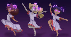  amphibia anne_boonchuy barefoot black_hair blonde_hair brown_hair dancing dark_skin disney dress glowing_eyes happy_trance marcy_wu mushroom mushroom_girl purple_eyes sasha_waybright satoshi_takei tied_hair  rating:safe score: user:giantexplore117