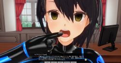 3d azur_lane baltimore_(azur_lane) black_hair bodysuit custom_maid_3d_2 cyber-sexaroid_(dndniwana3s) dialogue drool empty_eyes female_only femsub hidoi_koto_suru_man japanese_text latex looking_at_viewer open_mouth rubber short_hair solo tongue translation_request yellow_eyes rating:Questionable score:9 user:VortexMaster