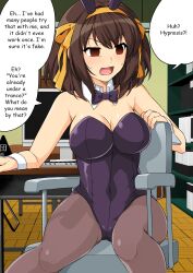  bow_tie breasts brown_eyes brown_hair bunnysuit cuffs denial empty_eyes female_only femsub hard_translated haruhi_suzumiya haruhisky large_breasts maledom manip sitting text the_melancholy_of_haruhi_suzumiya tights translated unaware  rating:questionable score: user:coredumperror