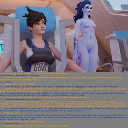 3d blue_hair blue_skin bottomless breasts brown_hair caption dialogue evil_smile female_only femdom femsub hypnotic_accessory hypnotized_hypnotist long_hair microchip multiple_girls navel nipples nude overwatch pussy spllcstr tech_control text topless tracer widowmaker rating:Explicit score:19 user:Spllcstr