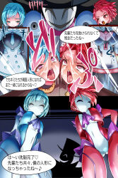 absurdres blue_eyes blue_hair bodysuit chibotakun cleavage clown_girl corruption dronification glowing_eyes hat hypnotic_phantom_(otomazer) mask mazer_cyan mazer_rosso open_mouth otomazer red_eyes red_hair restrained ribbon short_hair slime text thighs tie tight_clothing tights translation_request rating:Safe score:26 user:MesMerZ