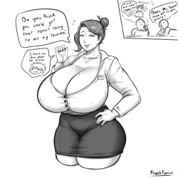 black_hair body_swap breasts franktonius greyscale huge_ass huge_breasts humor office_lady open_shirt smile text thick_thighs rating:Explicit score:57 user:ccbb