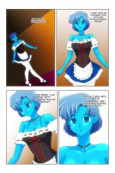 absurdres bare_shoulders blue_eyes blue_hair blue_skin breasts choker cleavage comic empty_eyes femsub forced_employee happy_trance jewelry large_breasts sailor_mercury sailor_moon_(series) short_hair smile text wadevezecha waitress rating:Questionable score:58 user:daveyboysmith9