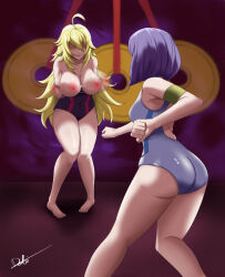 absurdres ai_shimada ass bare_legs barefoot blonde_hair breasts deliciousbra evil_smile female_only femdom femsub huge_breasts hypnotic_breasts keijo large_ass large_breasts legs long_hair mio_kusakai one-piece_swimsuit pendulum smile swimsuit topless rating:Explicit score:222 user:Lumitiel