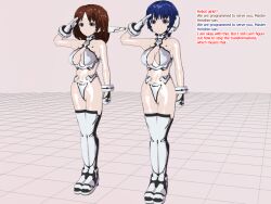 3d 3d_custom_girl blue_hair brown_hair empty_eyes expressionless henshin-san multiple_girls multiple_subs robot_girl robotization saluting short_hair simple_background text rating:Questionable score:18 user:RayX