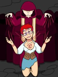  body_writing cult femsub glasses harper_(hypnokissed) heart heart_eyes human_puppet hypnokissed kneeling puppet red_hair short_hair symbol_in_eyes torn_clothes  rating:explicit score: user:zzzzzulu