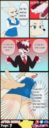 absurdres aggretsuko angry artifact_the_fox blue_eyes breasts business_suit clothed comic dialogue fenneko_(aggretsuko) fox_boy fox_girl furry glowhorn office open_mouth orange_eyes original panties red_hair sanrio sharp_teeth shiny_skin shirt simple_background skirt smile smug suit sweat tie tongue white_hair rating:Explicit score:22 user:ArtifactFox