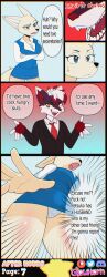 absurdres aggretsuko angry artifact_the_fox blue_eyes breasts business_suit clothed comic dialogue fenneko_(aggretsuko) fox_boy fox_girl furry glowhorn office open_mouth orange_eyes original panties red_hair sanrio sharp_teeth shiny_skin shirt simple_background skirt smile smug suit sweat tie tongue white_hair rating:Explicit score:34 user:ArtifactFox